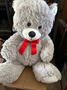 Plush Grey Teddy Bear with Red Ribbon - Soft Stuffed Animal for Kids